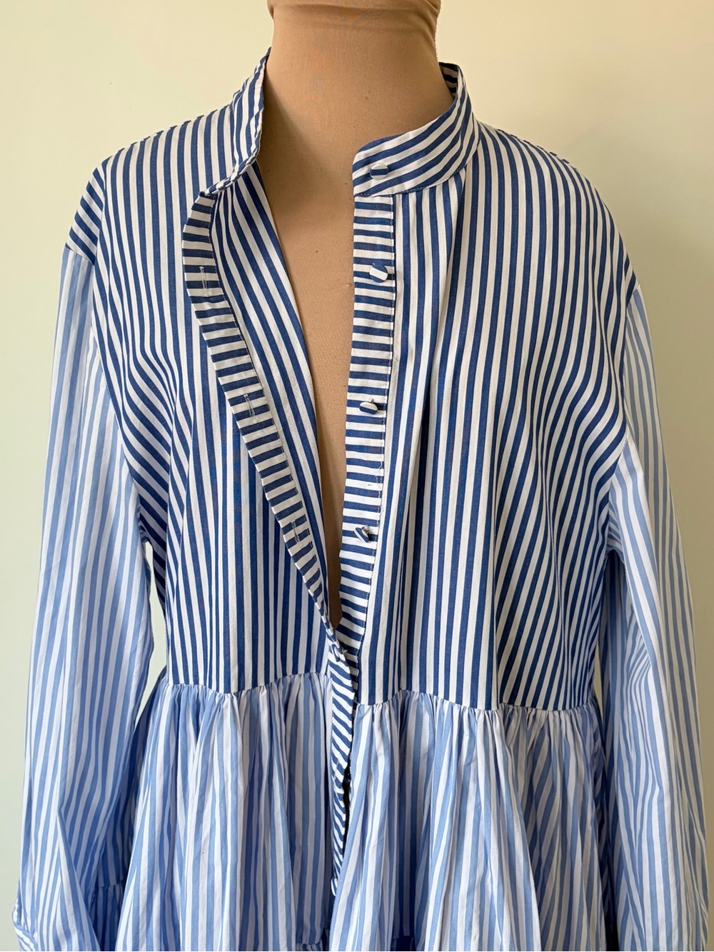 Bohemian Traders Pinstripe Long Sleeve A-Line Waist Tie Blue White Mini Dress M - Picture 6 of 12